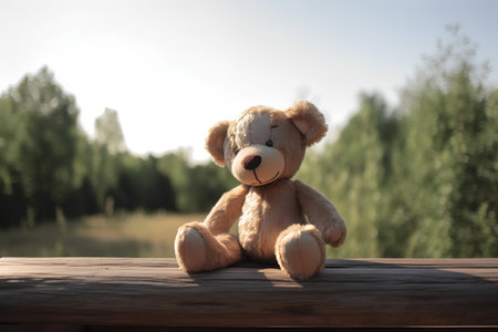 Teddy bear sitting on a wooden table against the background of the forestの素材