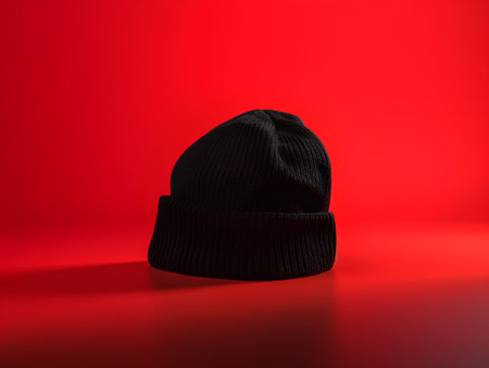 Black knitted hat on a red background. 3d illustration.の素材