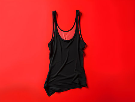 Black sleeveless tank top on red background. Top view.の素材