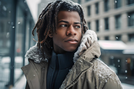 Young african american man with dreadlocks standing outdoors in winter.の素材