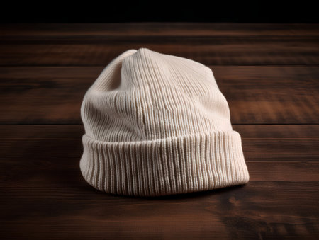 Knitted hat on a wooden background. Winter clothing for cold weather.の素材