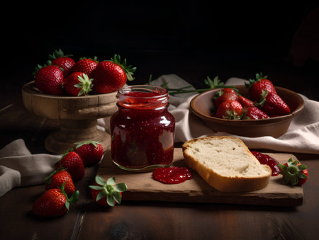 Strawberry jam in glass jar and fresh strawberries on wooden backgroundの素材