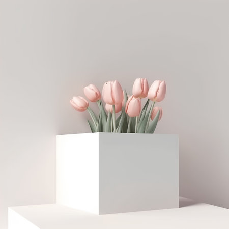 3d render of pink tulips in a square box on a gray backgroundの素材