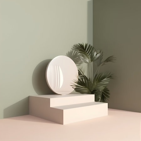 3d render of minimal geometric forms. Background with podiums and palm leaves.の素材
