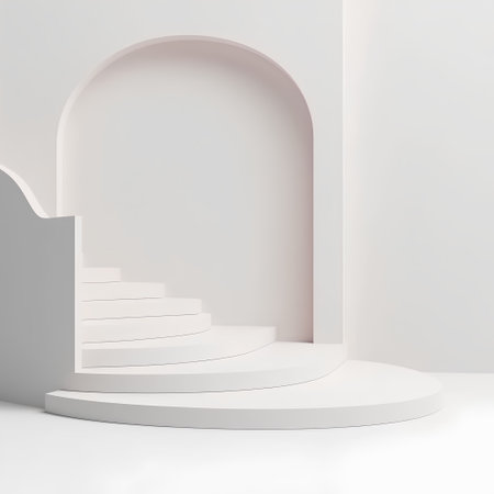 White stairs with arch in white room. 3d render illustration.の素材