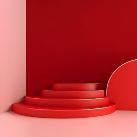 3d render of red podium with red heart on red background.の素材