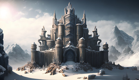 Fantasy castle in the snowy mountains. 3d render illustration.の素材