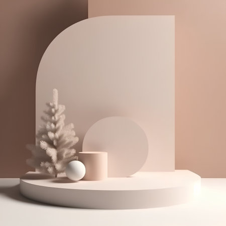 Minimalist abstract scene with podium and Christmas tree. 3d renderの素材