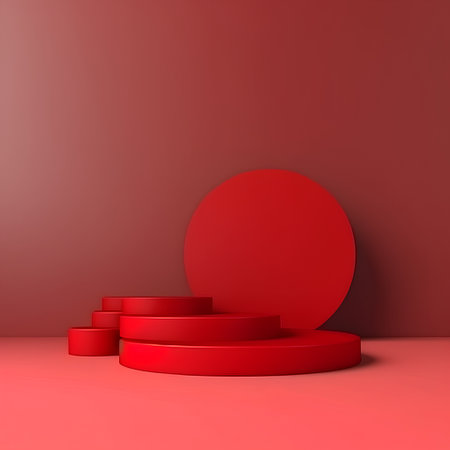 3d render of red podium and red circle on red background.の素材