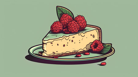 Vector illustration of a piece of cheesecake with raspberries.の素材