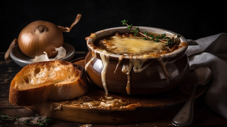 French onion soup in ceramic pot with bread and onions on dark backgroundの素材