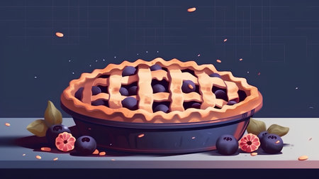 Illustration of a pie with berries and fruits on a blue backgroundの素材