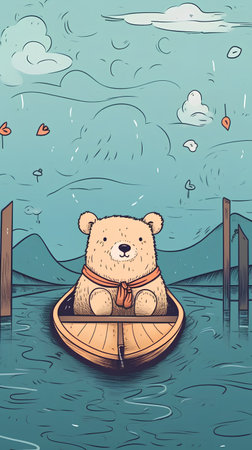 Cute bear in a boat on the lake. Vector illustration.の素材