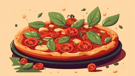 Illustration of a pizza with tomatoes, mozzarella and basilの素材