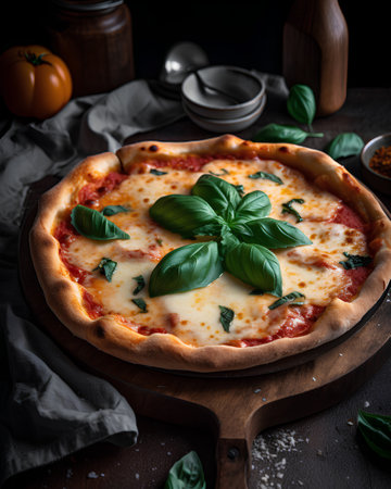 Pizza Margherita with mozzarella cheese, tomatoes and basilの素材