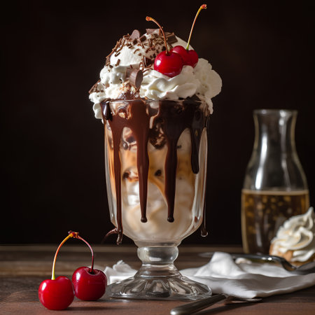 Chocolate sundae with whipped cream and cherry on a dark backgroundの素材