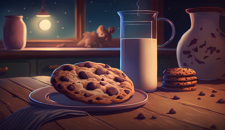 Cookies and a glass of milk on a wooden table. 3d renderingの素材