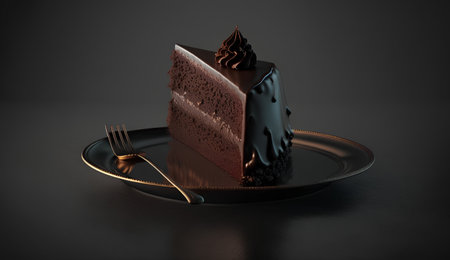 Chocolate cake on a plate with fork and spoon on a black backgroundの素材