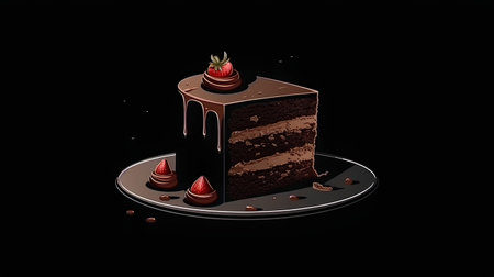 Chocolate cake with strawberry on a black background. 3d renderingの素材