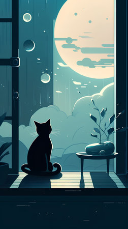 Illustration of a cat sitting on the window overlooking the night cityの素材