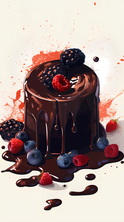Chocolate cake with berries and splashes of chocolate. Vector illustration.の素材