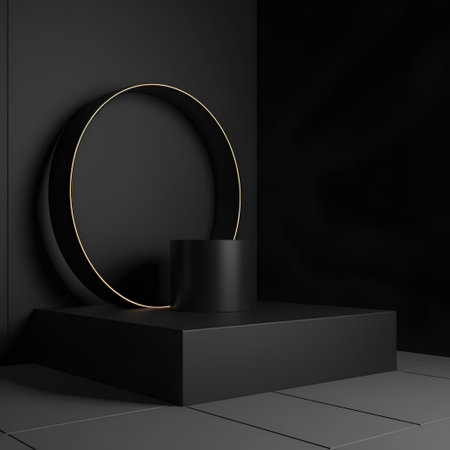 Black podium in the dark room with round golden frame. 3d renderingの素材