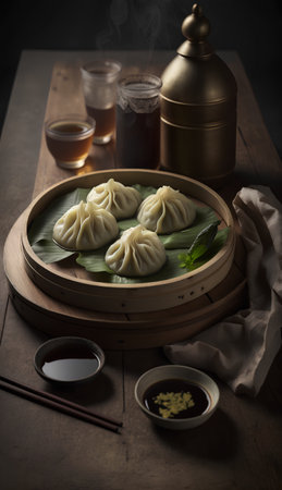 Steamed dumplings in bamboo basket on wooden table. Dark background.の素材