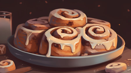 Cinnamon rolls with glaze on a dark background. Vector illustration.の素材