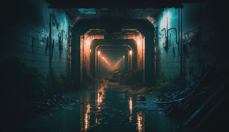 3d rendering of an old abandoned factory building in a dark corridorの素材