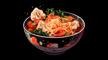 Illustration of a bowl of noodle soup on black background.の素材