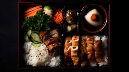japanese food in a box on a black background, top viewの素材