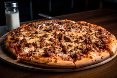 Pizza with beef and mozzarella cheese on a wooden tableの素材