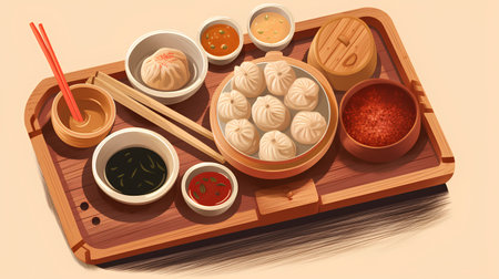 Chinese dumplings on wooden board with chopsticks and soy sauceの素材