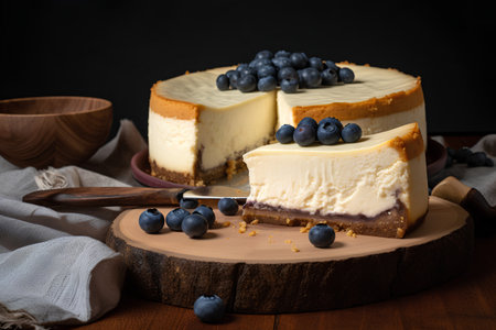Cheesecake with blueberries on a wooden board, selective focus.の素材