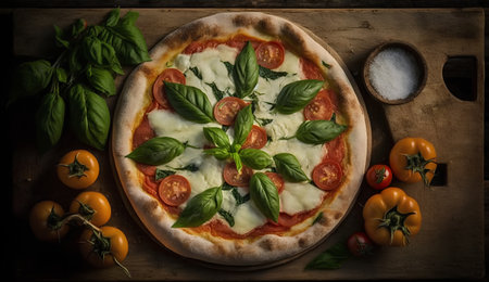 Pizza with mozzarella, tomatoes and basil on wooden backgroundの素材