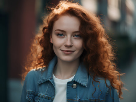 Portrait of beautiful young woman with red hair and frecklesの素材