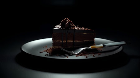 Piece of chocolate cake on black plate with fork on black backgroundの素材