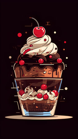 Chocolate cake with cherries and cream in a glass. Vector illustration.の素材