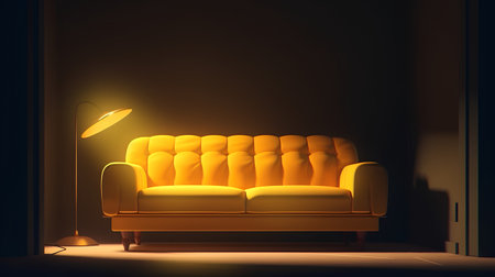 Yellow sofa in the dark room illuminated by a lamp. 3d renderingの素材