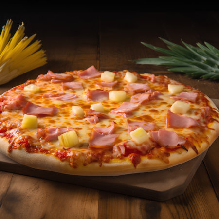 Pizza with pineapple, ham and cheese on a wooden table.の素材