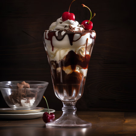 Chocolate sundae with whipped cream and cherries in a glassの素材