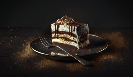 Piece of chocolate cake with whipped cream on a dark background.の素材
