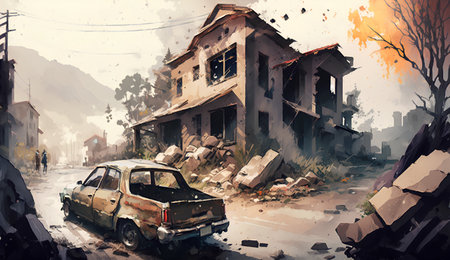 Digital painting of a destroyed house with a car in the foreground.の素材