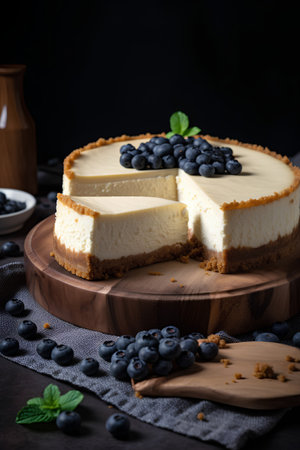 Cheesecake with fresh blueberries and mint, selective focus.の素材