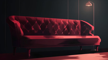 Red sofa in the dark room with floor lamp. 3d renderの素材