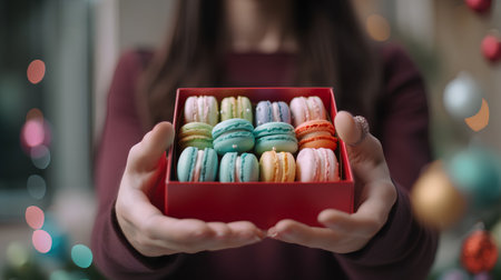 Macaroons in a gift box in the hands of a girlの素材