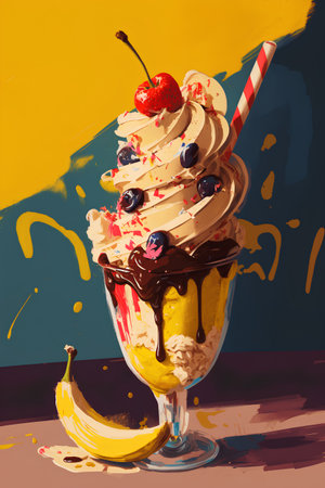 Banana sundae with whipped cream, chocolate and cherries.の素材