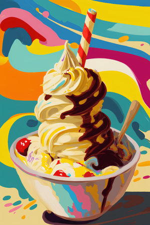 Ice cream in a bowl with a spoon. Vector illustration on a colorful background.の素材