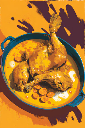 Fried chicken in curry sauce on orange background. Vector illustration.の素材