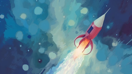 Rocket launch into space. Vector illustration of a rocket in space.の素材